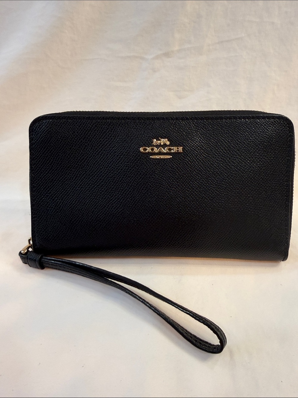 Coach Black Leather Zip Wristlet with Gold Logo